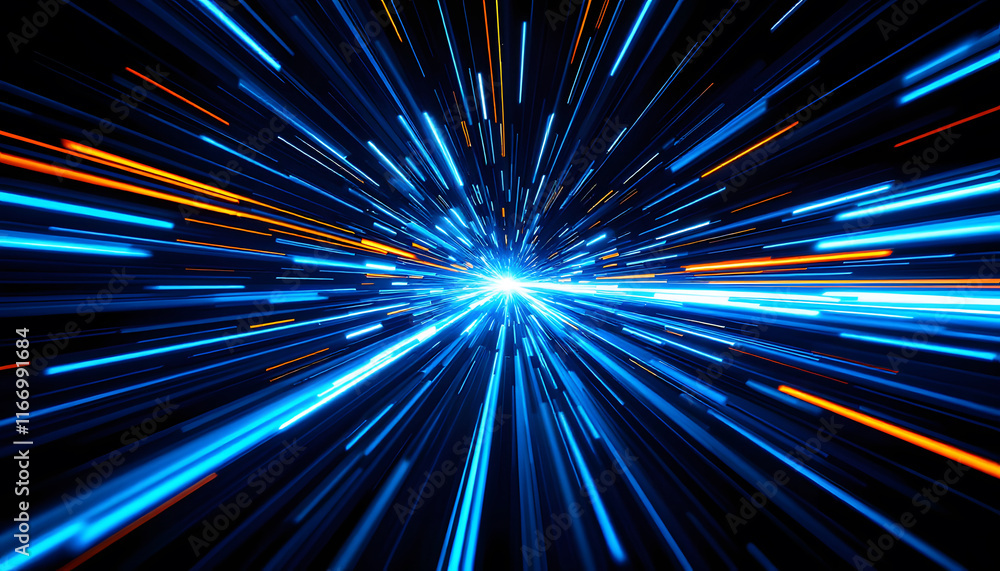 Poster abstract light trails and data streams, interconnected light fibers background, blue and red energy 