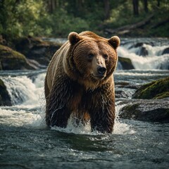 Obraz premium A brown bear fishing in a cascading waterfall surrounded by lush greenery, with water droplets sparkling in the sunlight.