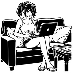 Woman Use Laptop at Home Illustration.