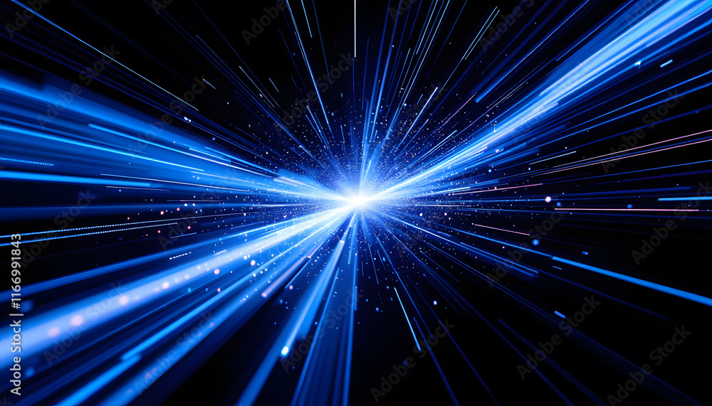 Poster abstract light trails and data streams, interconnected light fibers background, blue and red energy 