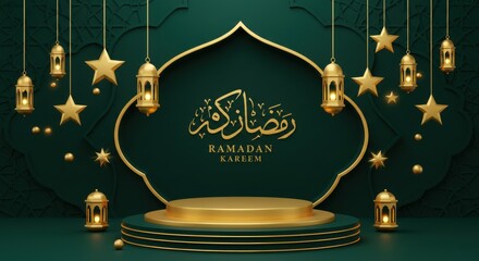 Luxurious Ramadan greeting card with golden crescent moon and podium