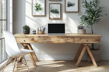 Modern white and light wood trestle desk with drawers and open storage basket, laptop on top, white chair, photo frames on wall, home interior design concept.