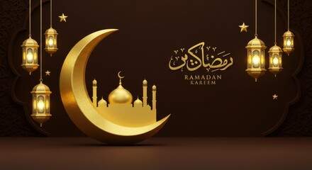 Stunning Ramadan card featuring golden crescent and mosque silhouette