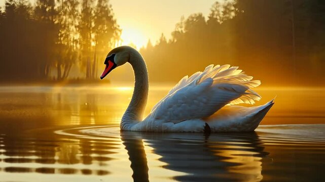 Beautiful swan gliding across a tranquil lake during sunrise in a serene natural environment - Powered by Adobe