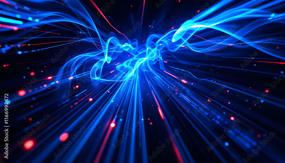 Poster abstract light trails and data streams, interconnected light fibers background, blue and red energy 