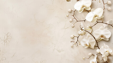 Elegant white orchids on soft taupe background with copy space