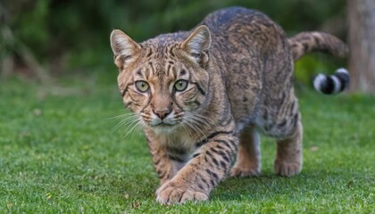 Obraz premium Majestic Savannah Cat Strolling on Lush Green Grass