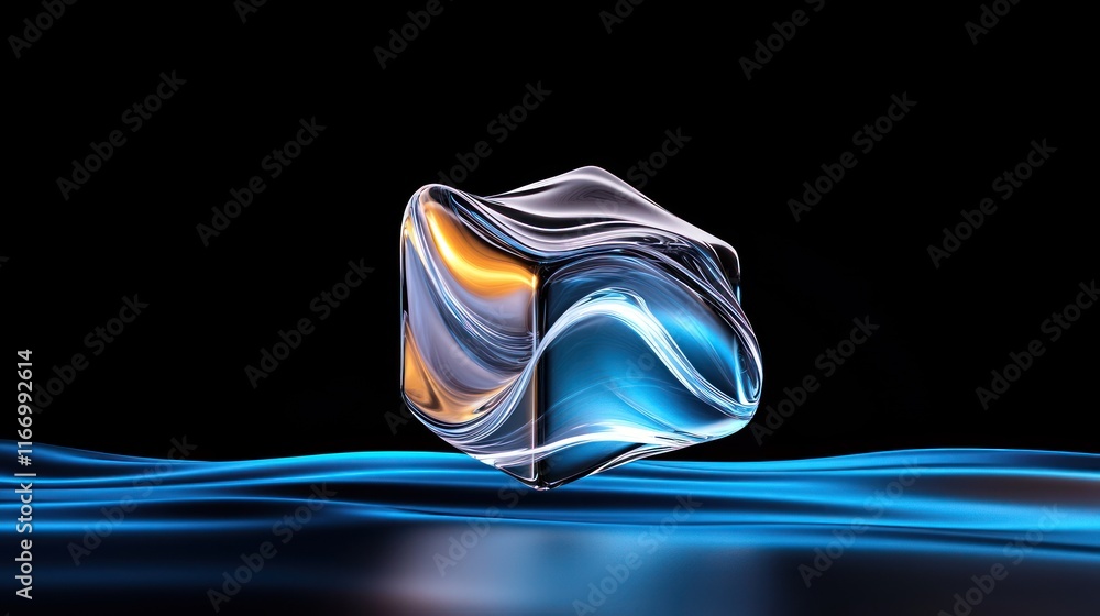 Poster a translucent cube with flowing colors against a dark background.
