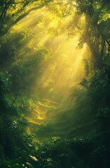 Obraz premium The terraced rice fields of Vietnam, surrounded by lush greenery and bathed in the soft glow of morning light. The golden hues of sunrise cast long shadows on the vibrant colors of the paddy fields