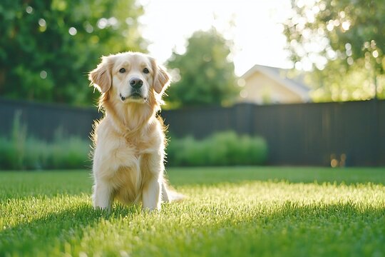 Playful Golden Retriever Fetching in Lush Green Backyard with Warm Impressionist Tones