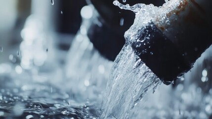 Close-up of a damaged household water pipe with water splashing out, highlighting the urgency of plumbing repairs and water damage prevention