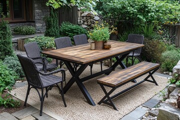 Outdoor dining table set with four chairs and a bench, oak wood top, rustic charm, black metal frames, dark brown wicker seats, light beige rug, rock garden decor.