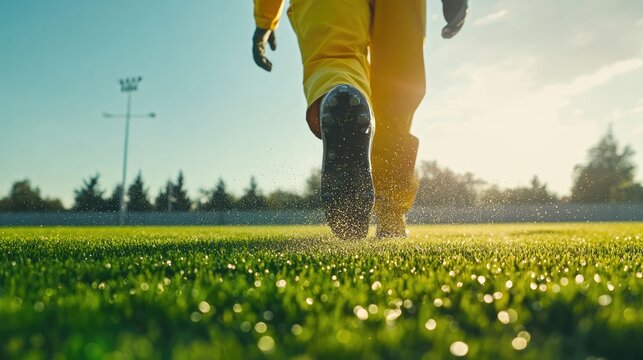 Groundsman spreads fertilizer for grass on a football pitch