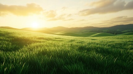 Fototapeta premium Vibrant green, grassy fields at sunrise, a colorful sky, the Tuscan landscape, hills in the background, photorealistic, natural lighting, high-resolution photography, sharp focus