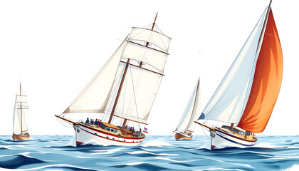 Obraz premium Sailing ship yacht race. Yachting. Sailing. Regatta. Classic sail yachts and sailboats, hand-drawn digital illustration. isolated with white highlights