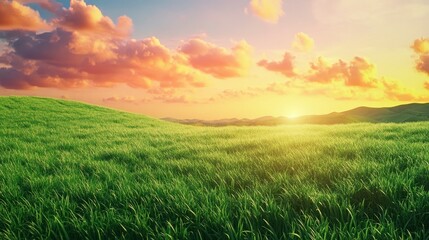 Fototapeta premium Vibrant green, grassy fields at sunrise, a colorful sky, the Tuscan landscape, hills in the background, photorealistic, natural lighting, high-resolution photography, sharp focus