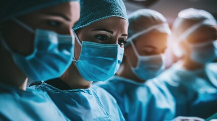 Group of surgeons at operation in an operating room at the hospital. Surgery, medicine, and people concept. Medical case, urgent treatment, microsurgery concept
