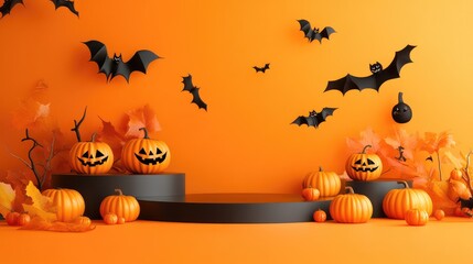 Halloween sales promotion poster featuring realistic 3D Halloween podium display showcase with pumpkins and bat flying, Orange Background