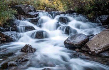 Fototapeta premium waterfalls and rocks in the background. The scene is set against mountains on the Isle of Skye in Scotland. The long exposure shot creates a softness to the flowing river and a misty atmosphere. --ar 