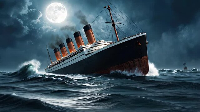 Titanic-like Ship Sailing Through Stormy Ocean Waves Under the Full Moon at Night

