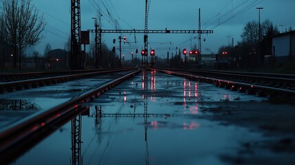 Railway Track Panorama at Twilight: High-Contrast Reflections and Infrastructure in Hagen, Germany