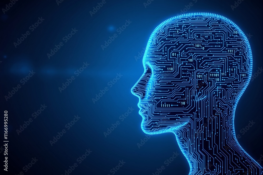 Poster glowing digital human head silhouette featuring intricate circuit patterns, illuminated in neon blue