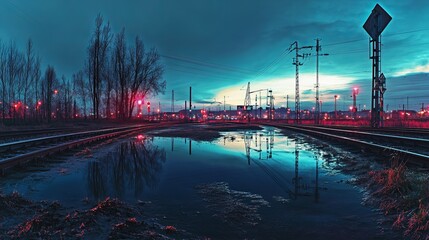 Railway Track Panorama at Twilight: High-Contrast Reflections and Infrastructure in Hagen, Germany