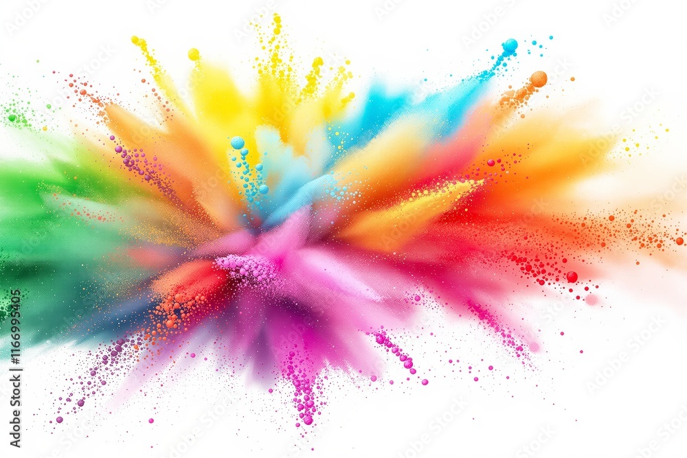 Poster vibrant multicolor powder burst creating a dynamic splash effect on white background, artistic and e