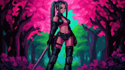 Naklejka premium Pixel Art Female Warrior in Vibrant Fantasy Forest with Sword