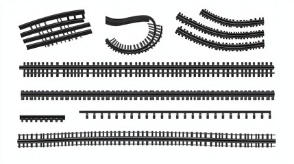 Fototapeta premium Top View of Railroad Segments: Straight, Waved Tracks, Circular and Oval Frames in Vector Illustration
