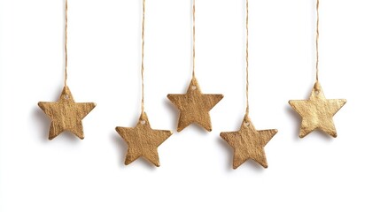 Hanging gold stars on string on white background.