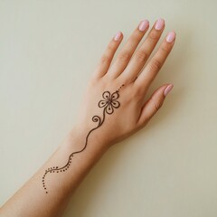 Small Minimal Henna Design on Hand with Delicate Floral Patterns and Simple Elements on Plain Background