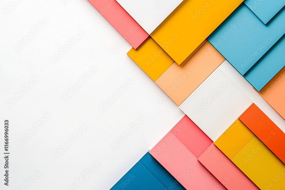 Poster vibrant geometric abstract patterns and interlocking shapes on minimalist white background