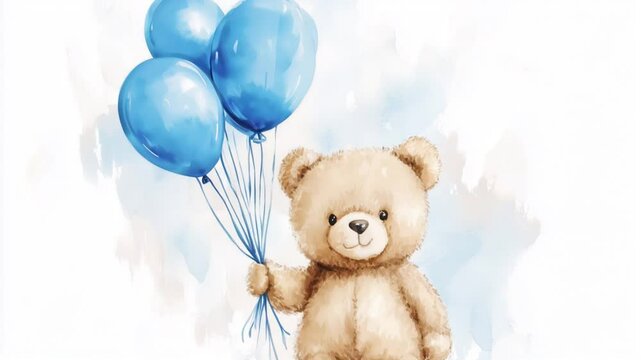 horizontal video of cute teddy bear holding blue balloons