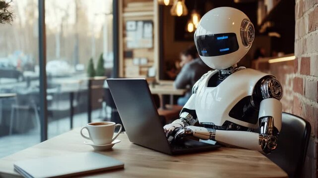 horizontal video of cute robot typing on laptop keyboard in cafe