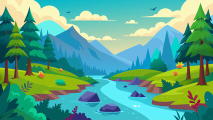 Vector Illustration of a Serene Mountain Landscape with River
