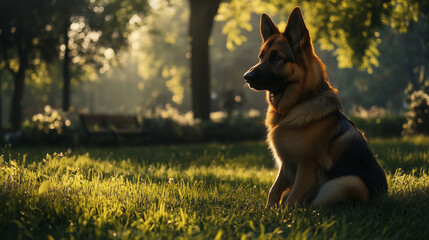 A regal German Shepherd sits in a sunlit park, looking alert and calm