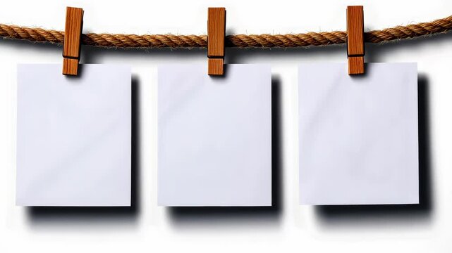 Three white squares hanging on a rope. The squares are empty and the rope is brown