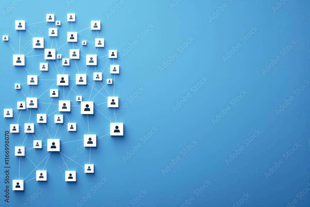 Aufkleber a network of interconnected user icons on white squares with lines linking them, set on a blue backg