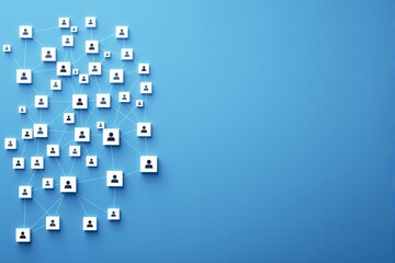A network of interconnected user icons on white squares with lines linking them, set on a blue background, symbolizing social connections. Ai generative.