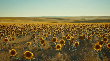 Fototapeta premium Vast sunflower field under a clear sky.