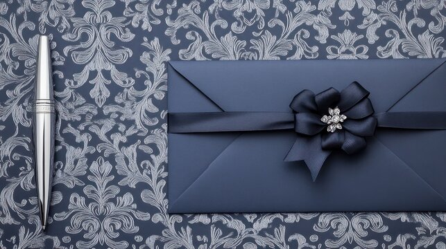 Elegant navy blue envelope with silver pen on damask background.
