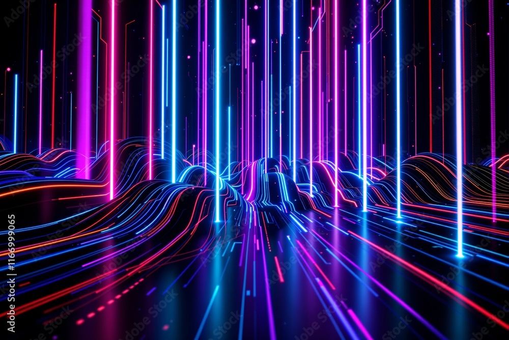 Poster vibrant neon lights create an abstract futuristic landscape with glowing lines and pillars on a dark