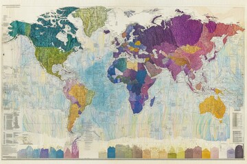 Colorful world map, textured, detailed, landmasses, oceans.