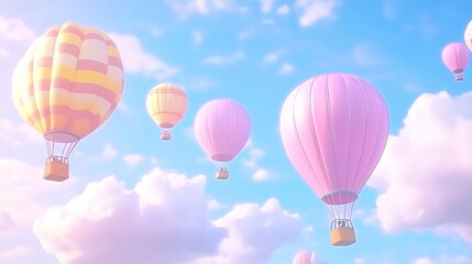 Obraz premium Colorful hot air balloons float in a pastel sky filled with fluffy clouds.
