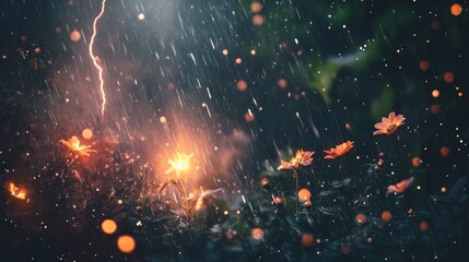 Orange flowers illuminated by lightning during a rainstorm.