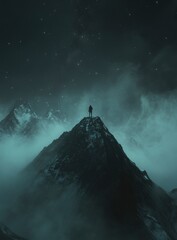 Fototapeta premium A lone figure standing atop an alpine peak, gazing at the starry sky with a camera in hand. The scene is set against a backdrop of distant mountains and clouds under the Milky Way