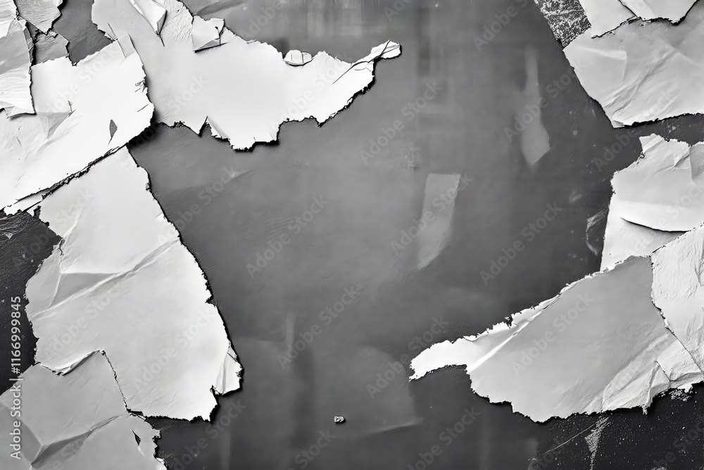 Poster torn white paper edges on textured gray surface forming irregular abstract shapes, creating a minima
