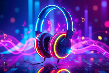 Colorful neon headphones with music notes and light trails on a dark background.