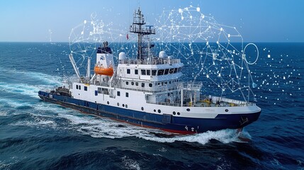 Fototapeta premium Research vessel navigating ocean, digital network overlay.